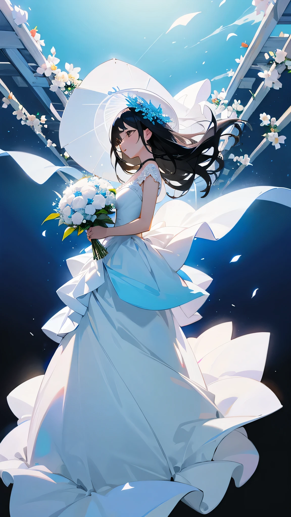 Black hair with blue gradient, white wedding dress, holiday flowers,
Background: sunny, going through a flower bridge