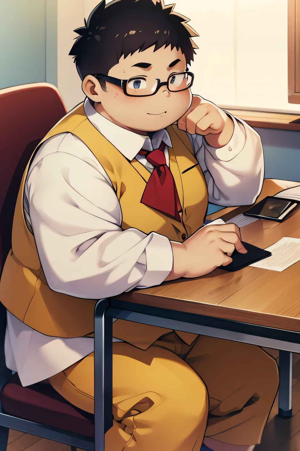 fat Boy,wearing glasses,curious,Uniforms,Sit in a chair next to the table,In the bedroom,high quality,high-definition,masterpiece,Petite,