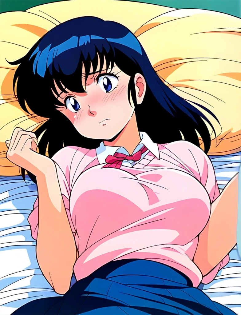 ,kyoko,score_9,score_8_upper,score_7_upper,sauce_アニメ,One girl,alone,Distract from the viewer、Hospital bed、Lying down、Pink Sweater,White collared shirt,length_skirt,blue skirt,Embarrassing、Rolled up skirt、Panties、Covered in semen、Torn clothing、Scattered Semen、