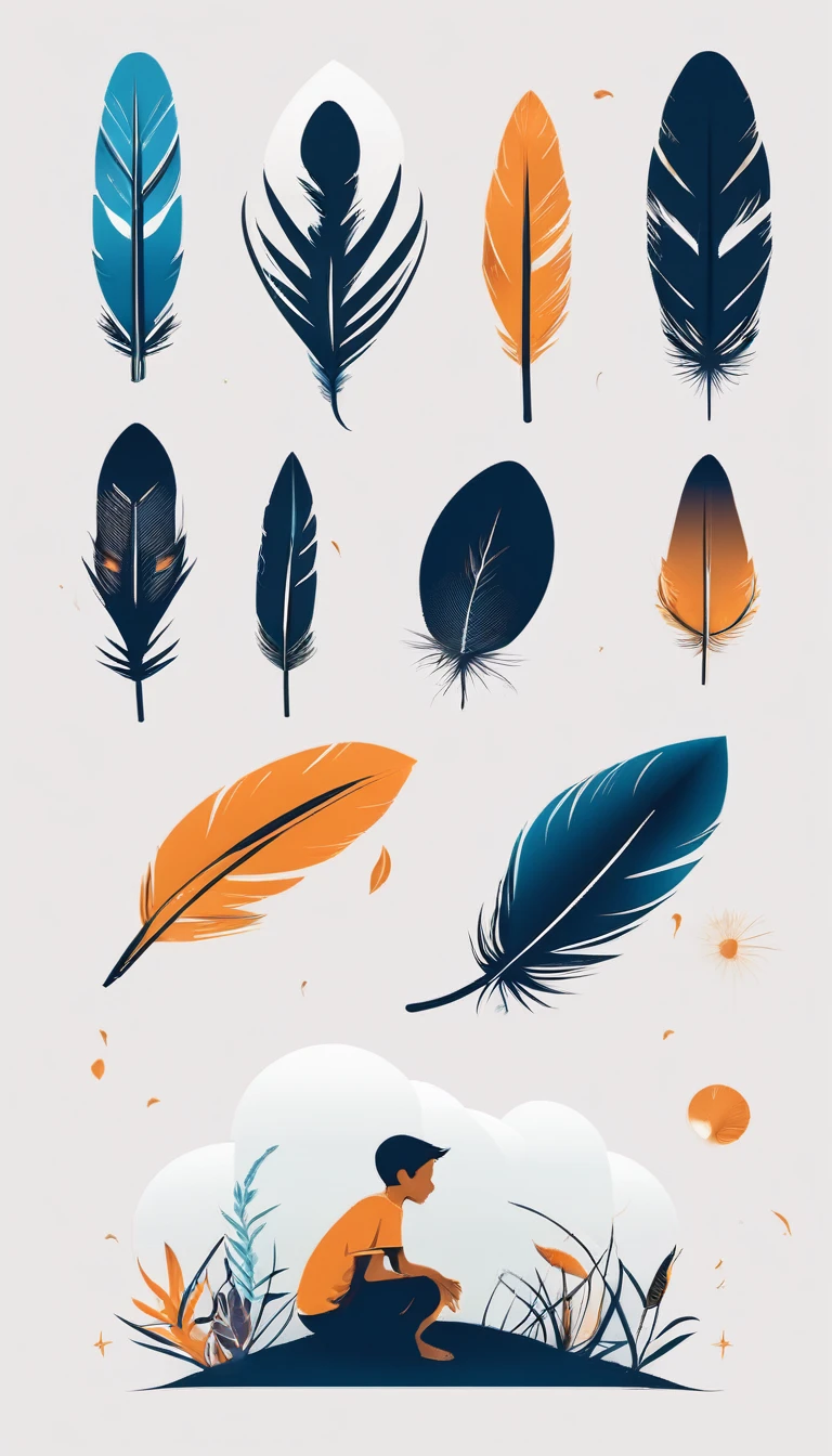 Create a minimal, modern, simple, inspirational, memorable, dream like icon design of a boy and a feather for the brand“Penamemoria".