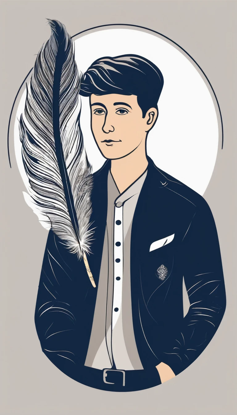 Create a minimal, modern, simple, inspirational, memorable, dream like icon design of a boy and a feather for the brand“Penamemoria".