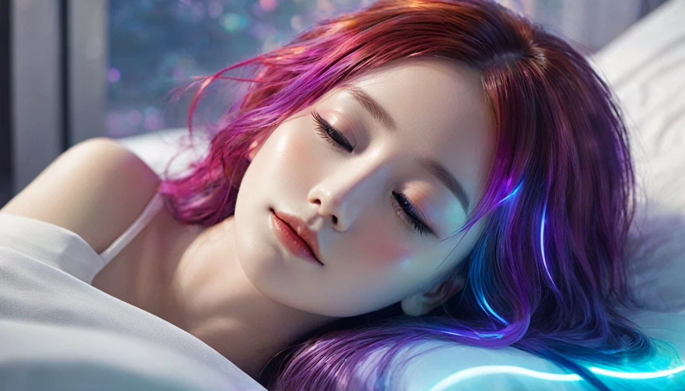 {{masterpiece}}, best quality, Extremely detailed CG unified 8k wallpaper, light,Futurism, A woman sleeping in bed,Sleep with your eyes closed,There are huge windows in the back, Quiet Night. , Multi-colored hair, (Colorful hair:1.5),