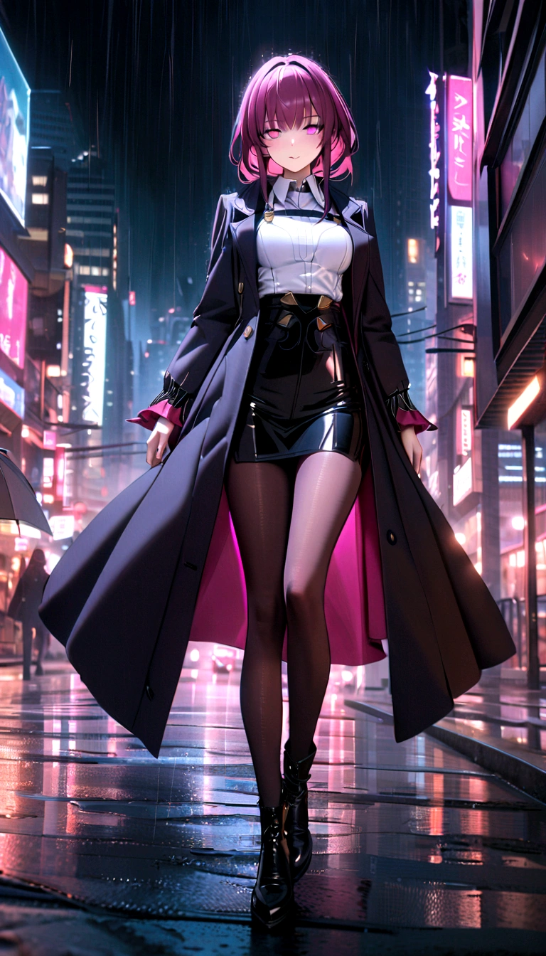(1 Girl), masterpiece, photoPractical, 8K, (Practical: 1.2), whole body, Looking at the audience, Pantyhose, Purple_Twin Tails, (Kafka: 1.2), walk, beauty, (Medium breasts: 1.2) night, night sky, City, Cityscape, rain, (dramatic: 1.2)