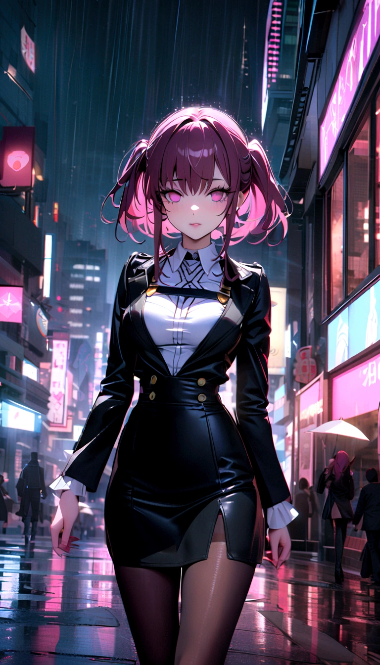 (1 Girl), masterpiece, photoPractical, 8K, (Practical: 1.2), whole body, Looking at the audience, Pantyhose, Purple_Twin Tails, (Kafka: 1.2), walk, beauty, (Medium breasts: 1.2) night, night sky, City, Cityscape, rain, (dramatic: 1.2)