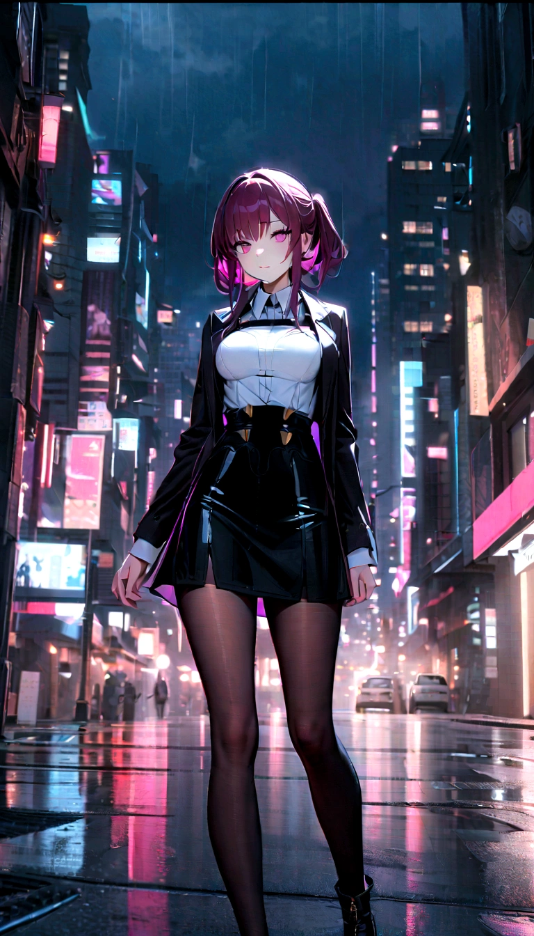 (1 Girl), masterpiece, photoPractical, 8K, (Practical: 1.2), whole body, Looking at the audience, Pantyhose, Purple_Twin Tails, (Kafka: 1.2), walk, beauty, (Medium breasts: 1.2) night, night sky, City, Cityscape, rain, (dramatic: 1.2)