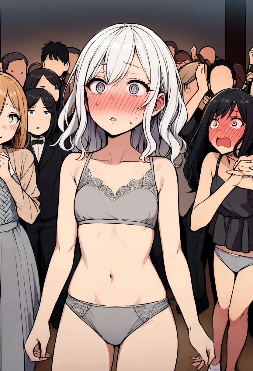 18 year old girl in a crowded party, wearing only grey simple underwear, wearing white ankle socks, not wearing any shoes, wearing grey sports bra, wearing grey brief panties, grey underwear, standing in the middle of the crowd, full body view, add people partying, crowd taking pic (embarrassed, panicking, upturned eyes, full-face blush, open mouth, parted lips:1.3)