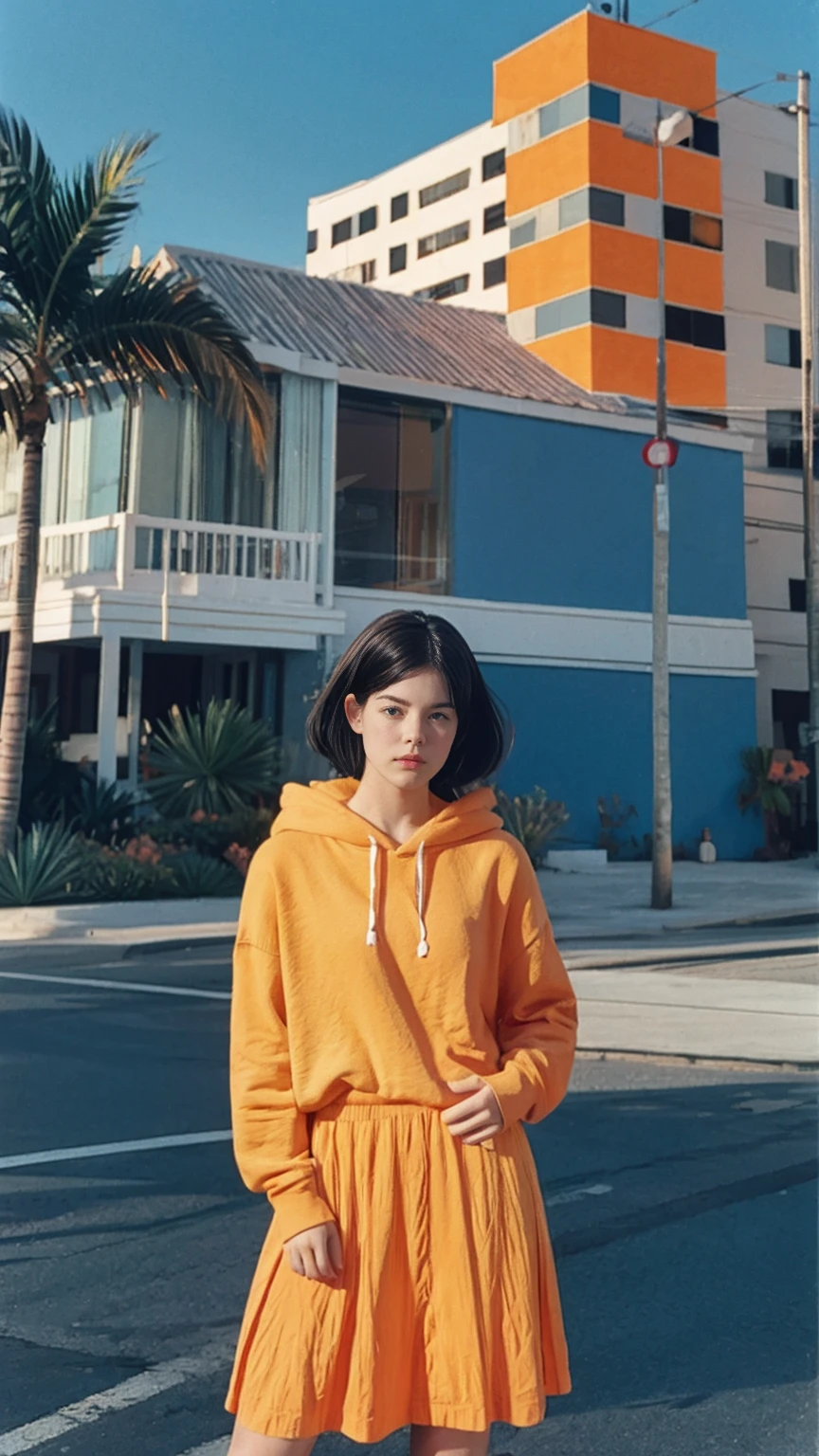 portrait of a 23 yo girl, (perfect natural breast) ,wear ((orange color oversized hoodie)), wear ((purple tennis skirt)),looking front,Best Quality,Masterpiece,Ultra High Resolution,(Realisticity:1.4),Original Photo, 1Girl, light leak,ultra high resolution,UHD,beautiful, (black bob hair), almond eye, no makeup, in front of (80's mondrian architecture motel), (realistic:1.2), (surreal:1.3), (very detailed:1.1), ((masterpiece)),summer, blue sky, palm trees,sunny, los angles vibes,film camera, 800mm lens,style of Philip Lorca diCorcia