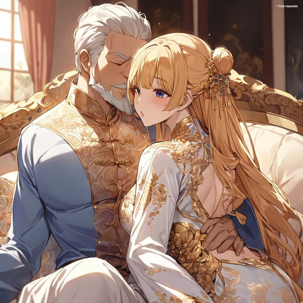 ((Highest quality)), ((masterpiece)), (detailed), (Perfect Face)、The woman is a Vietnamese woman named Tsukino Usagi, wearing a gorgeous and glittering ao dai, a traditional Vietnamese dress with gold embroidery, a gorgeous hair ornament, gorgeous jeweled accessories and an engagement ring. The man and woman are sitting on a gorgeous, large sofa in a luxurious room, and the woman is passionately embracing and passionately kissing the dignified and bearded middle-aged Vietnamese man wearing a Vietnamese national dress, making passionate love as a married couple.、The woman is the elegant Tsukino Usagi, a Vietnamese girl with long blonde hair in a chignon twin tail and wearing an ao dai.、The man is a dignified, muscular, bearded, middle-aged Vietnamese man wearing Vietnamese national dress.
