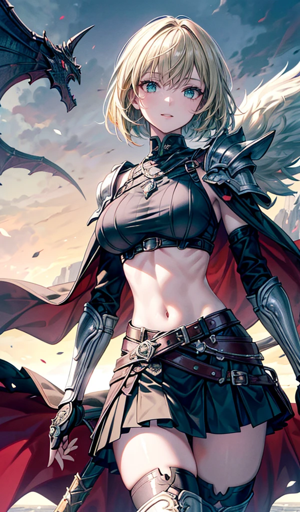 Please follow the all prompts below exactly and faithfully, This is a breathtaking masterpiece of digital illustration, with maximum resolution, UHD, 512K, 2160p, 10 million ppi, 300 million dpi, natural color tones, ultra sharp details, perfect outlines with contrast, ((smooth, soft and clearly and most realistic skin and hair texture)), most beautiful detailed eye features, perfect anatomically correct human body, beautiful background with depth, rule of thirds, depth of field, Maximize all element is used to its full potential to create the best digital illustrations, 1woman, sexy, 25years old, beautiful face sharp, elegant woman, Ultimate perfect body style, beautiful beautiful big breasts, Maximize upturned breasts, green eyes, shiny blonde hair, short hair, bob cut, (eyes visible through hair:1.3), glossy very thick lips, pink lipstick, smile:1.5, Fantasy world warrior with detailed armor, wielding a sword, vibrant colors, dynamic pose, and a skirt. The armor features golden accents, emerald inlays, shoulder pauldrons, chest plate with dragon motif, elbow guards, knee guards, shin guards, leather straps, metal buckles, chainmail underlayer, gauntlets with runes, plumed helmet, decorative belt, flowing cape, thigh-high boots, ornate scabbard, gem-encrusted hilt, floral patterns, and silk lining.