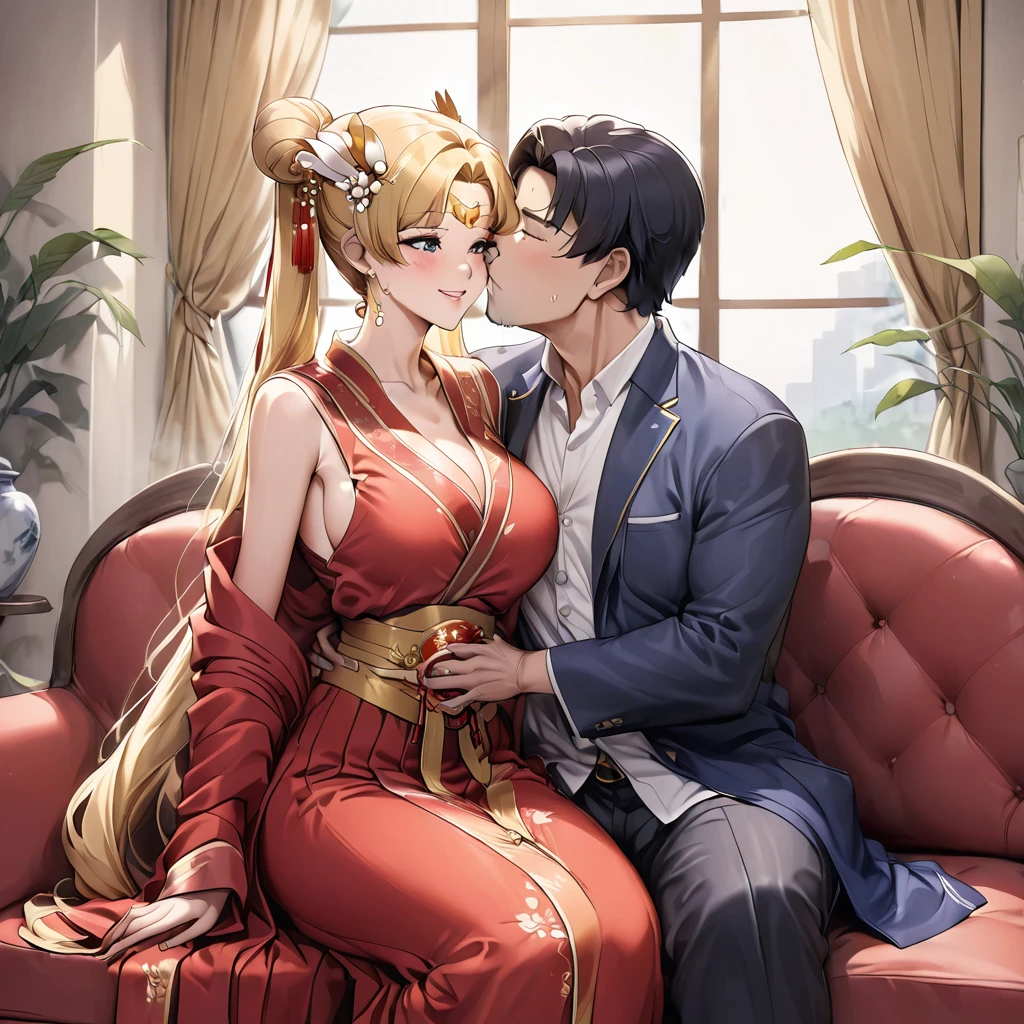 ((Highest quality)), ((masterpiece)), (detailed), (Perfect Face)、The woman is a Chinese woman named Tsukino Usagi, wearing a gorgeous, glittering red Hanfu with lots of gold embroidery, a gorgeous hair ornament, gorgeous jeweled accessories and an engagement ring. The woman and the man are sitting on a gorgeous, large sofa in a gorgeous room, and the woman is passionately embracing and passionately deep kissing the middle-aged Chinese man wearing a dignified and sturdy Hanfu, making passionate love as husband and wife.、The woman is the elegant Tsukino Usagi, a Chinese woman with long blonde hair in a chignon twin tail and wearing a red Hanfu with gorgeous gold embroidery all over it.、The man is a dignified, muscular, bearded, middle-aged Chinese man wearing the traditional Chinese dress, Hanfu.
