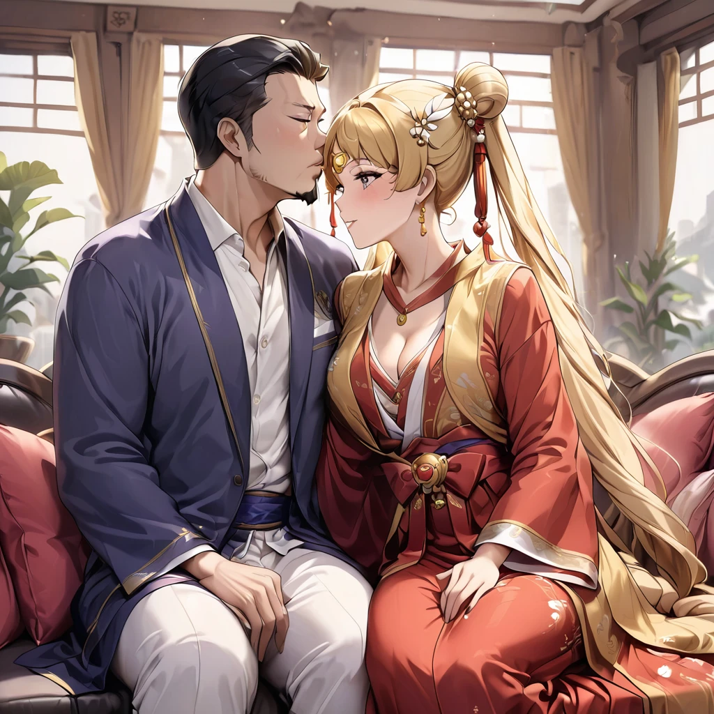 ((Highest quality)), ((masterpiece)), (detailed), (Perfect Face)、The woman is a Chinese woman named Tsukino Usagi, wearing a gorgeous, glittering red Hanfu with lots of gold embroidery, a gorgeous hair ornament, gorgeous jeweled accessories and an engagement ring. The woman and the man are sitting on a gorgeous, large sofa in a gorgeous room, and the woman is passionately embracing and passionately deep kissing the middle-aged Chinese man wearing a dignified and sturdy Hanfu, making passionate love as husband and wife.、The woman is the elegant Tsukino Usagi, a Chinese woman with long blonde hair in a chignon twin tail and wearing a red Hanfu with gorgeous gold embroidery all over it.、The man is a dignified, muscular, bearded, middle-aged Chinese man wearing the traditional Chinese dress, Hanfu.