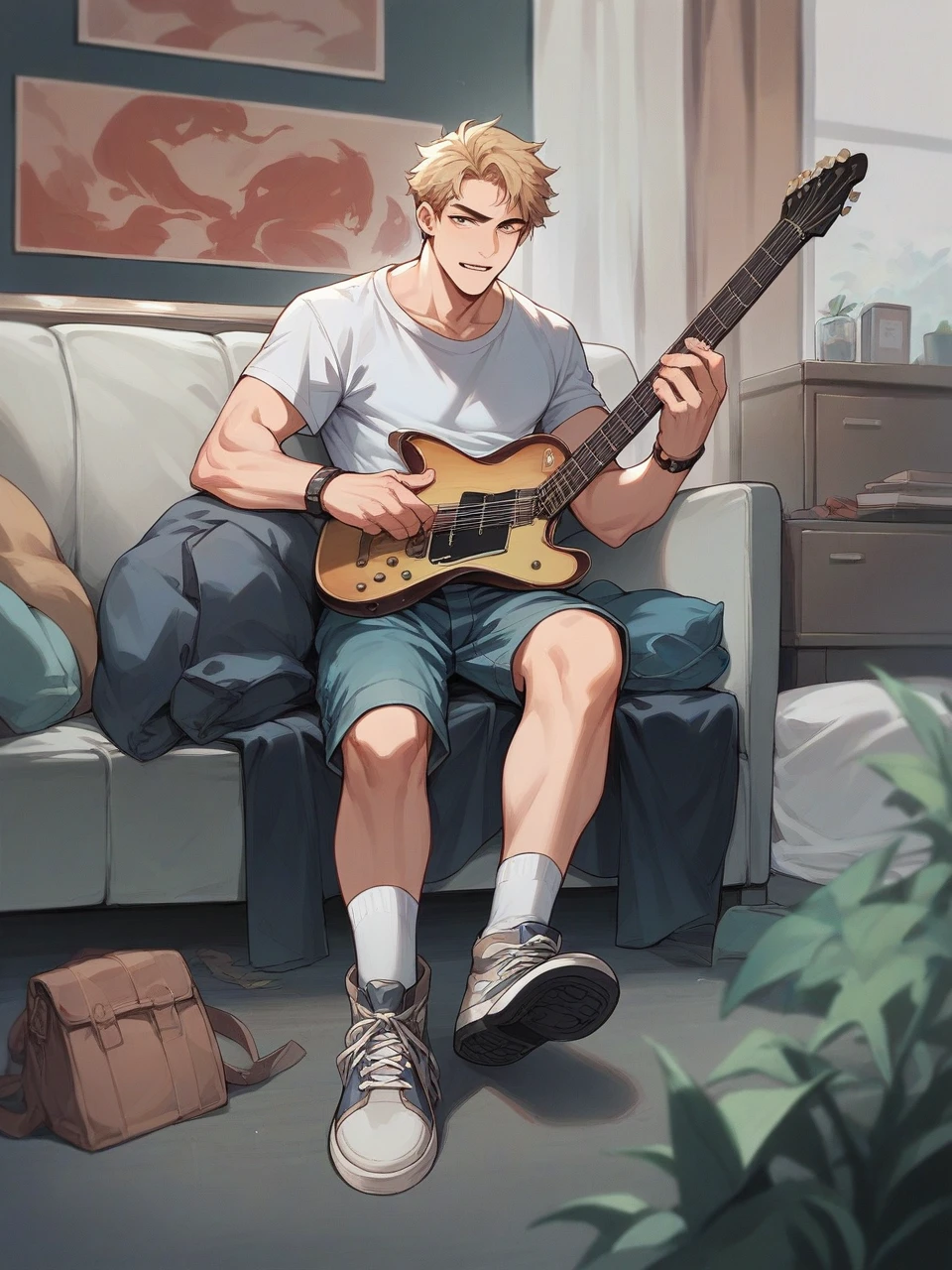 He is sitting playing the guitar