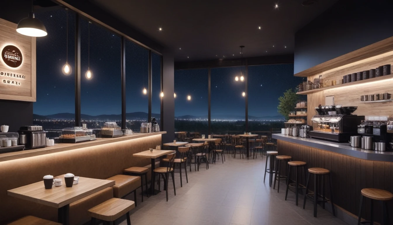 at night, frontal shot coffee shop interior, tables with coffee cups, and a big window in the center