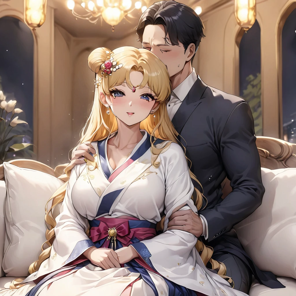 ((Highest quality)), ((masterpiece)), (detailed), （Perfect Face）、The woman is Korean Tsukino Usagi, and in a luxurious Korean mansion, she is wearing a gorgeous and dazzling traditional Korean dress called a hanbok, a gorgeous hair ornament, gorgeous jeweled accessories, and an engagement ring. The woman and the man are sitting on a gorgeous, large sofa in the luxurious room, and the woman is passionately embracing and passionately kissing the middle-aged Korean man wearing a dignified and sturdy hanbok, making passionate love as husband and wife.、The woman is the elegant Tsukino Usagi, a Korean woman with long blonde hair in a chignon twin tail, wearing the traditional Korean dress, Chima Chogori.、The man is a dignified, sturdy middle-aged Korean man wearing the traditional Korean dress, Hanbok.