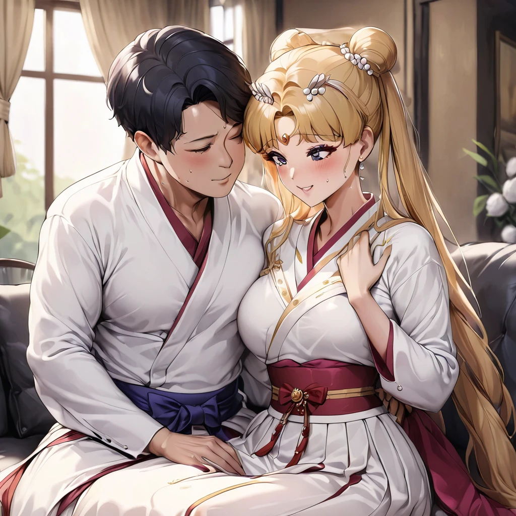 ((Highest quality)), ((masterpiece)), (detailed), （Perfect Face）、The woman is Korean Tsukino Usagi, and in a luxurious Korean mansion, she is wearing a gorgeous and dazzling traditional Korean dress called a hanbok, a gorgeous hair ornament, gorgeous jeweled accessories, and an engagement ring. The woman and the man are sitting on a gorgeous, large sofa in the luxurious room, and the woman is passionately embracing and passionately kissing the middle-aged Korean man wearing a dignified and sturdy hanbok, making passionate love as husband and wife.、The woman is the elegant Tsukino Usagi, a Korean woman with long blonde hair in a chignon twin tail, wearing the traditional Korean dress, Chima Chogori.、The man is a dignified, sturdy middle-aged Korean man wearing the traditional Korean dress, Hanbok.