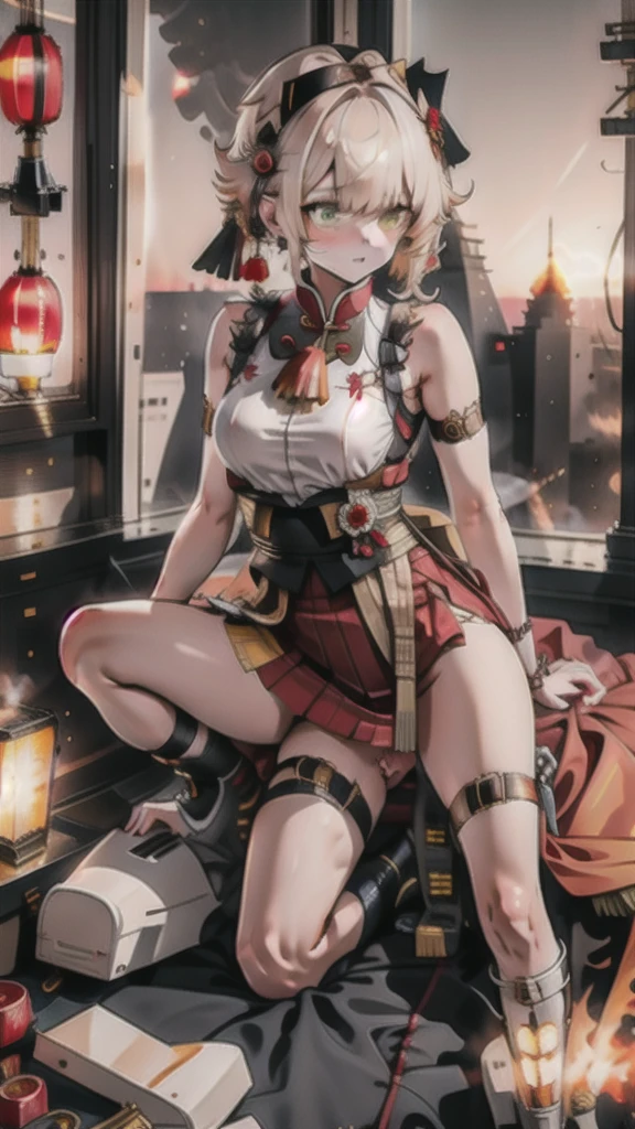 White short haired woman, with yellow eyes, mostrando os peitos, legs open showing pussy, with an angry face and a provocative look, Wearing traditional Chinese imperial clothing in gold and black, with red Hanafuda earrings, with a short red skirt. On your knees in a hotel room bed, with a sunset in the window in the background.