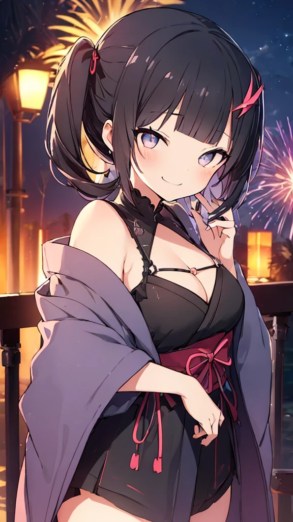 prompt（Re-adjusted version）
beautiful, masterpiece, Highest quality, HiqCG Body, anime, (1 Girl:1.5), (Small breasts:1.2), Portrait Shot, View your viewers, Wet Skin, Intricate details, Little Woman, Her eyes were shining like dreamy stars.,(Shining Eyes:1.3),(Beautifully detailed eyes:1.1)、[[Delicate fingers and hands:0.55]::0.85],(Detailed reference),(Thick black hair, Eyes are bright purple,(Sharp Eye:1.3), (tsurime:1.5), Twin tails,Straight Hair,(Asymmetrical bangs:1.2),(Blunt Bangs:1.3), (hairpin:1.2), Young face,Childlike,Small devil,Succubus,Vampire,Double teeth,Small corner),(kimono),Dynamic Pose,(yandere:1.1),(yandere smile:1.3),(smirk:1.3) ,Cleavage,High angle shot、(night:1.4)、(full moon:1.1),Focus on the chest,(Shake your head:1.2), Thick black hair, kimono, firework