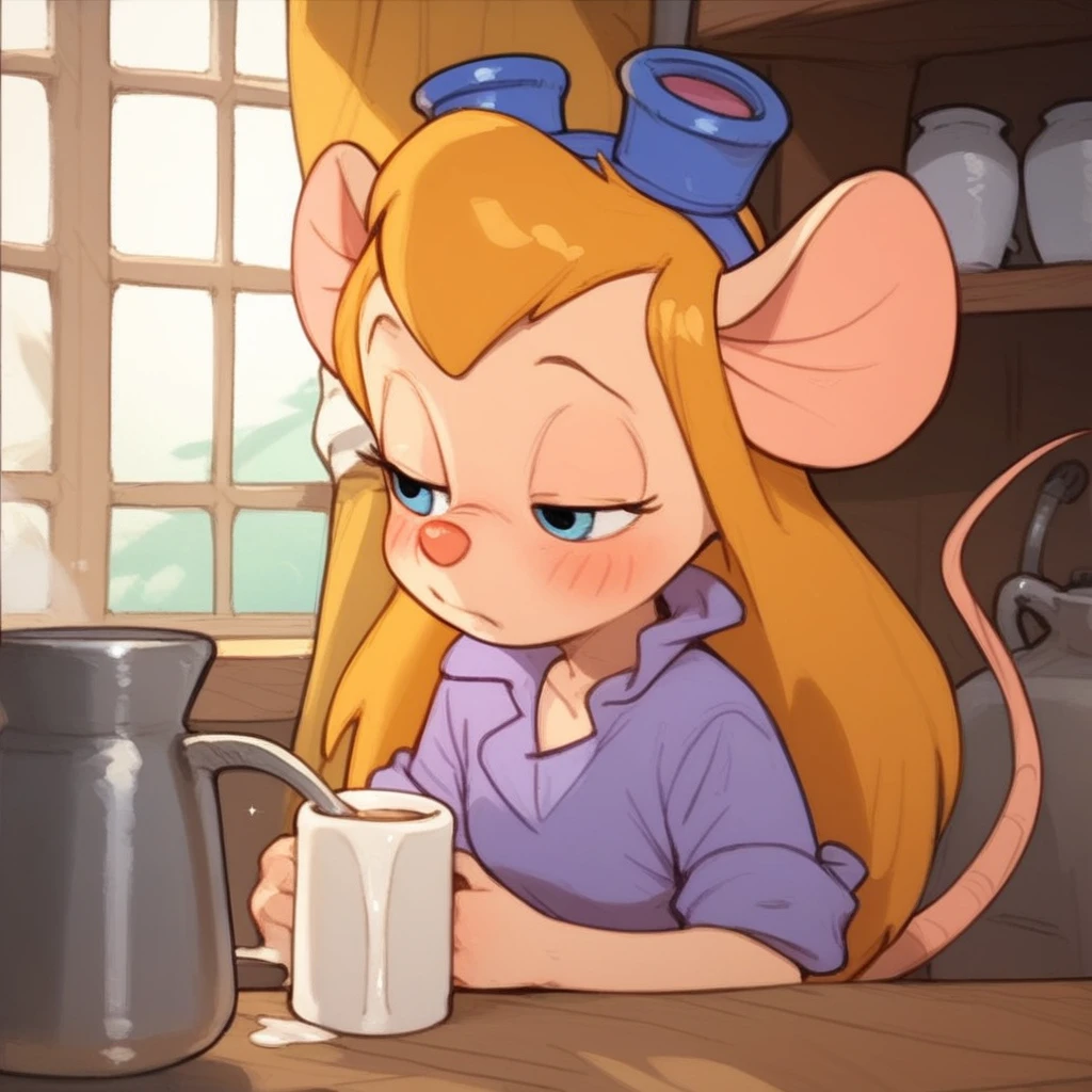 score_9, score_8, score_7, score_6, mouse tail, gadget, cartoon, score_9, score_8_up, score_7_up, sourc_anme, 1girl, half closed eyes, :o, blush, long hair, solo, milking self, coffee mug, (((milking into mug))), ((one breast out)), indoor, blurry background, pouring breasts milk, leaning forward, (flowing into mug), (pouring into mug, milk flowing from nipple into mug), (breast squeeze), :o, hand on one breast, looking away, standing,   table, (coffee shop), large breasts, unbuttoned, white shirt, yellow apron, pov, open mouth, shy, embarrassed, no pants, no panties