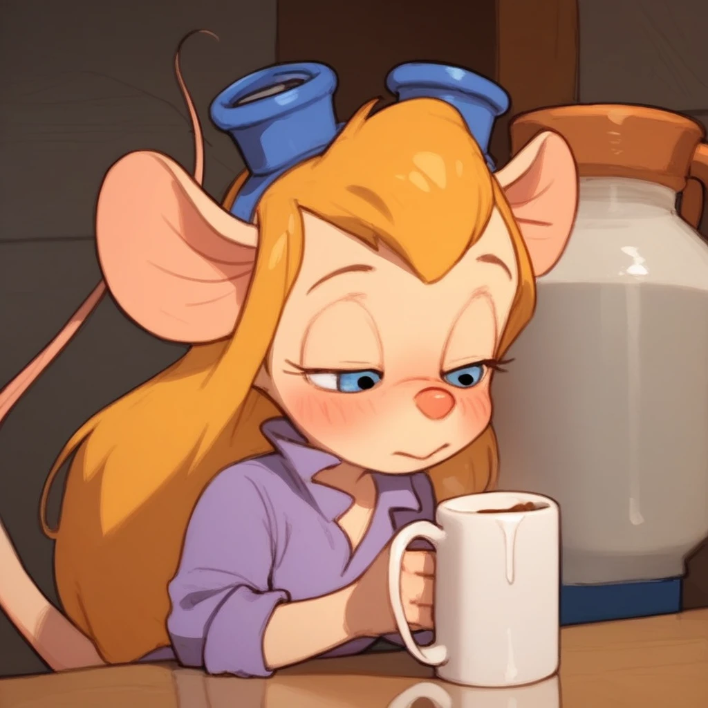 score_9, score_8, score_7, score_6, mouse tail, gadget, cartoon, score_9, score_8_up, score_7_up, sourc_anme, 1girl, half closed eyes, :o, blush, long hair, solo, milking self, coffee mug, (((milking into mug))), ((one breast out)), indoor, blurry background, pouring breasts milk, leaning forward, (flowing into mug), (pouring into mug, milk flowing from nipple into mug), (breast squeeze), :o, hand on one breast, looking away, standing,   table, (coffee shop), large breasts, unbuttoned, white shirt, yellow apron, pov, open mouth, shy, embarrassed, no pants, no panties