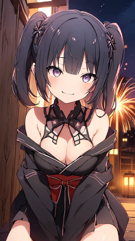 prompt（Re-adjusted version）
beautiful, masterpiece, Highest quality, HiqCG Body, anime, (1 Girl:1.5), (Small breasts:1.2), Portrait Shot, View your viewers, Wet Skin, Intricate details, Little Woman, Her eyes were shining like dreamy stars.,(Shining Eyes:1.3),(Beautifully detailed eyes:1.1)、[[Delicate fingers and hands:0.55]::0.85],(Detailed reference),(Thick black hair, Eyes are bright purple,(Sharp Eye:1.3), (tsurime:1.5), Twin tails,Straight Hair,(Asymmetrical bangs:1.2),(Blunt Bangs:1.3), (hairpin:1.2), Young face,Childlike,Small devil,Succubus,Vampire,Double teeth,Small corner),(kimono),Dynamic Pose,(yandere:1.1),(yandere smile:1.3),(smirk:1.3) ,Cleavage,High angle shot、(night:1.4)、(full moon:1.1),Focus on the chest,(Shake your head:1.2), Thick black hair, kimono, firework