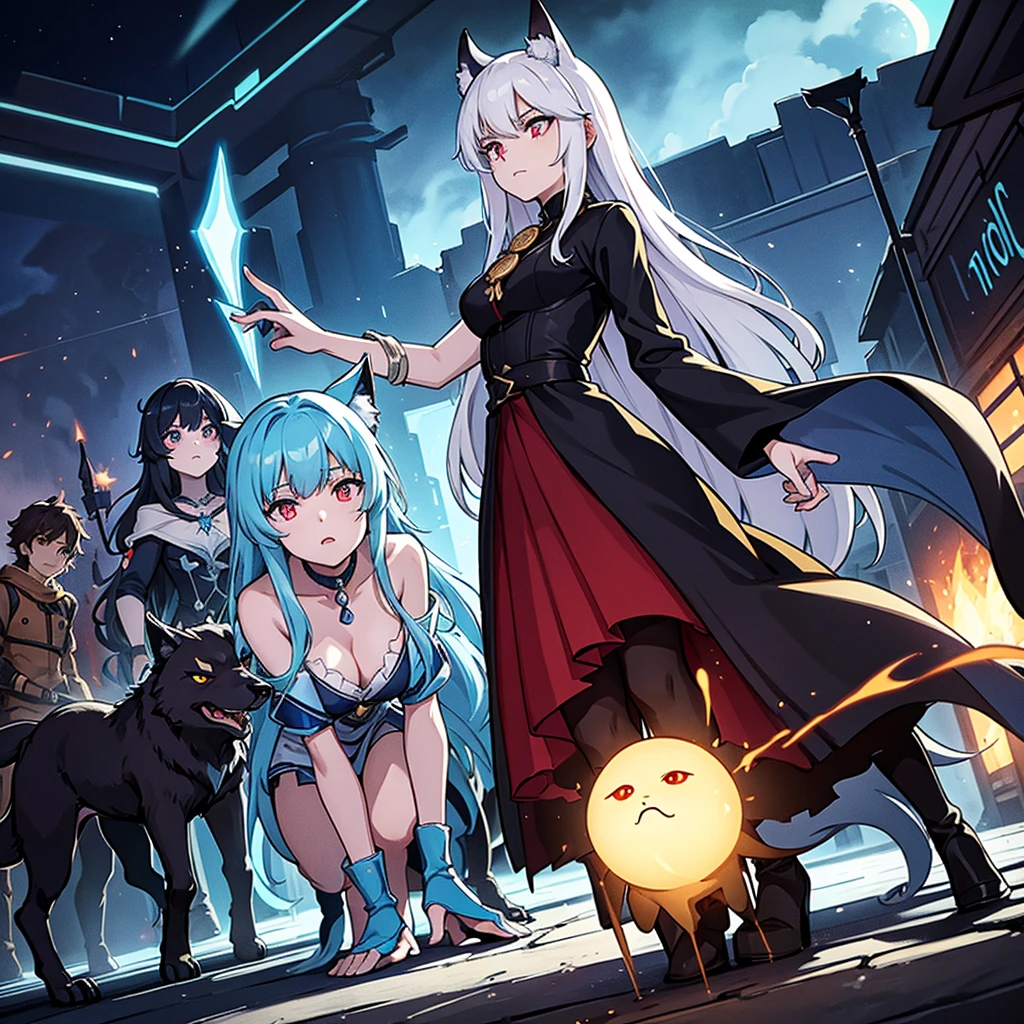 Dynamic anime night battle scene in narrow city alley. Lyra,  girl with long flowing hair, He is in a defensive position, eyes wide open and looking frightened., Holding the shining pendant tightly. she、With a wolf-like appearance and glowing red eyes、Surrounded by five terrifying shadowy Abyss creatures。. Three creatures rushing from the left, Two from the right. Orion, A tall celestial being with starry skin and sparkling blue eyes, materializes behind Lyra, Extend your right arm and cast a shield of golden light.. Orion's left hand holds a shimmering spear. The moonlight penetrates the dark clouds above. Contrast between the inky black Abyss creatures and Orion's radiant aura. Action lines and magical particle effects make it even more exciting. City Details: Graffiti on the wall, Litter, A fire escape is seen surrounded by wolf-like creatures.