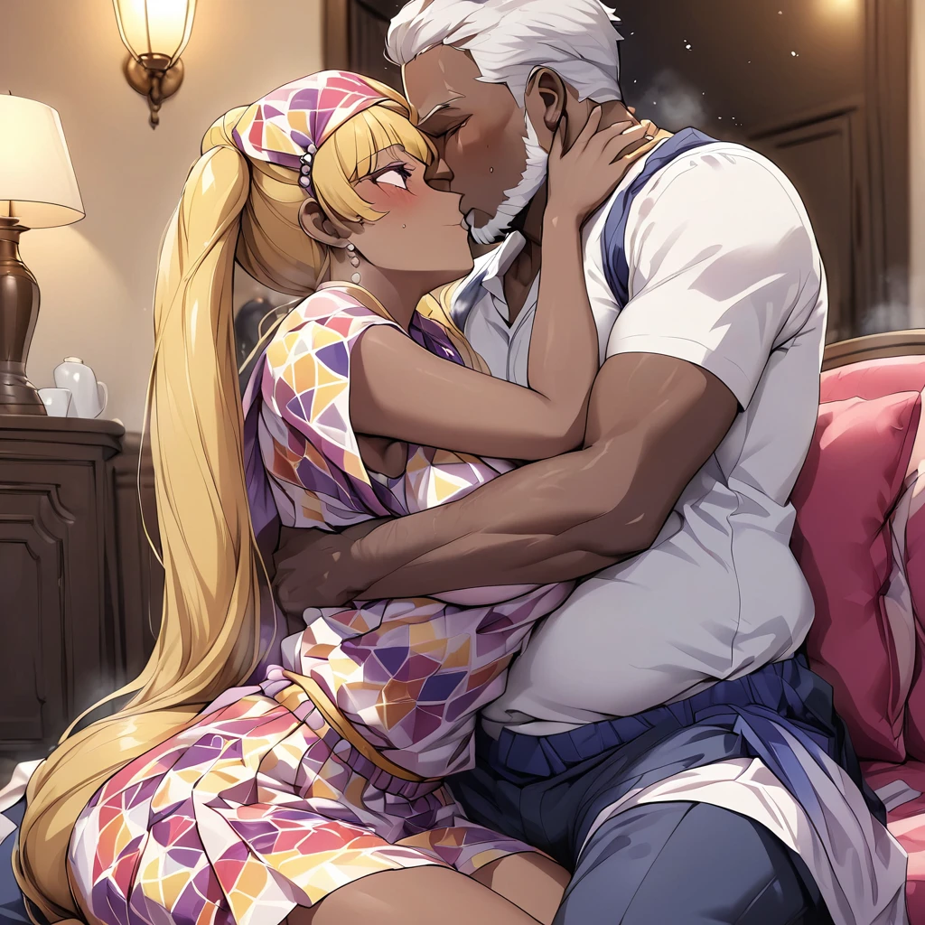 ((Highest quality)), ((masterpiece)), (detailed), (Perfect Face)、The woman is a black Ghanaian with vivid dark brown skin, Tsukino Usagi, and is wearing a luxurious, colorful, glittering smock, a colorful turban head scarf, gorgeous jeweled accessories, and an engagement ring in a luxurious Ghanaian mansion. The woman and the man are sitting on a luxurious, large sofa in the luxurious room, and the woman is passionately embracing and passionately deep kissing the dignified, bearded, middle-aged Ghanaian man wearing Ghanaian traditional clothing, making passionate love as a married couple.、The woman is the elegant Tsukino Usagi, with long blonde hair in a chignon twin tail, wearing a colorful smock and a colorful turban head scarf, and has vivid dark brown skin. She is a black Ghanaian Tsukino Usagi.、(The woman is a black Ghanaian with vivid dark brown skin.)、The man is a dignified, burly, bearded Ghanaian man wearing a smock.