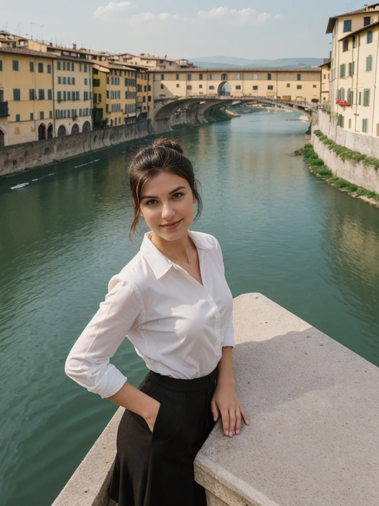 her name is Amelie, high quality, 1girl, ((20-year-old fit Caucasian woman)), ((20 years old)), ((fit)), ((Half-Up Bun dark hair)), pose: Generation-Z poses, wearing stylish fashionable Generation-Z modern wear colored, BACKGROUND:"At the Piazzale Michelangelo, with panoramic views of Florence's skyline, the Arno River, and the Ponte Vecchio."