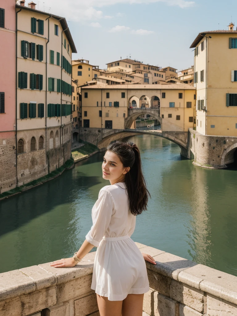 her name is Amelie, high quality, 1girl, ((20-year-old fit Caucasian woman)), ((20 years old)), ((fit)), ((Half-Up Bun dark hair)), pose: Generation-Z poses, wearing stylish fashionable Generation-Z modern wear colored, BACKGROUND:"At the Piazzale Michelangelo, with panoramic views of Florence's skyline, the Arno River, and the Ponte Vecchio."