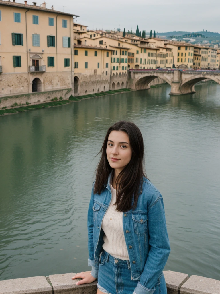 her name is Amelie, high quality, 1girl, ((20-year-old fit Caucasian woman)), ((20 years old)), ((fit)), ((Half-Up Bun dark hair)), pose: Generation-Z poses, wearing stylish fashionable Generation-Z modern wear colored, BACKGROUND:"At the Piazzale Michelangelo, with panoramic views of Florence's skyline, the Arno River, and the Ponte Vecchio."