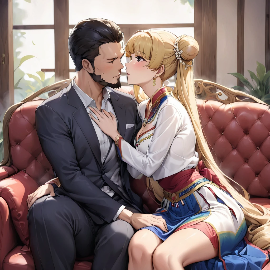 ((Highest quality)), ((masterpiece)), (detailed), (Perfect Face)、The woman is a Mongolian woman named Tsukino Usagi, and is wearing a gorgeous and colorful Mongolian national dress, Dale, in a Mongolian mansion, with gorgeous jeweled accessories and an engagement ring. The woman and the man are sitting on a gorgeous, large sofa in the luxurious room, and the woman is passionately embracing and passionately kissing a dignified, bearded middle-aged Mongolian man wearing a Mongolian national dress, making passionate love as a married couple.、The woman is the elegant Tsukino Usagi, with her long blonde hair in a chignon twin tail, and wearing the colorful Mongolian national costume, the Mongolian Tsukino Usagi.、The man is a dignified, sturdy, bearded Mongolian man wearing Mongolian national dress.