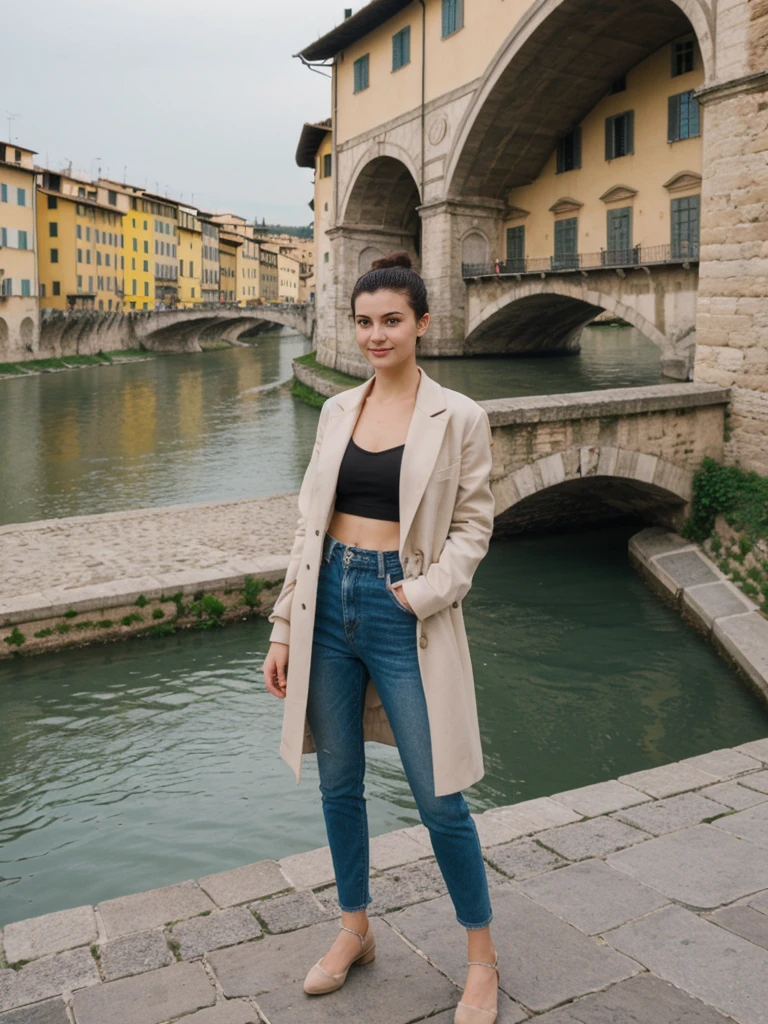 her name is Amelie, high quality, 1girl, ((20-year-old fit Caucasian woman)), ((20 years old)), ((fit)), ((Half-Up Bun dark hair)), pose: Generation-Z poses, wearing stylish fashionable Generation-Z modern wear colored, BACKGROUND:"At the Piazzale Michelangelo, with panoramic views of Florence's skyline, the Arno River, and the Ponte Vecchio."