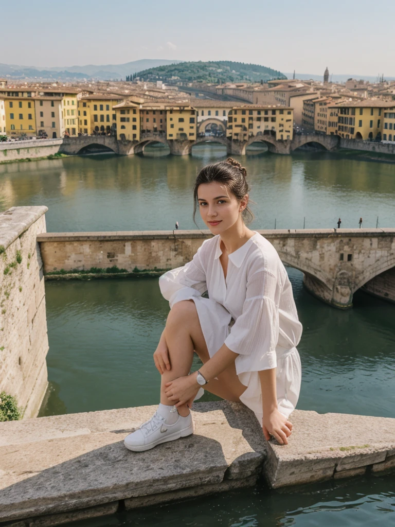 her name is Amelie, high quality, 1girl, ((20-year-old fit Caucasian woman)), ((20 years old)), ((fit)), ((Half-Up Bun dark hair)), pose: Generation-Z poses, wearing stylish fashionable Generation-Z modern wear colored, BACKGROUND:"At the Piazzale Michelangelo, with panoramic views of Florence's skyline, the Arno River, and the Ponte Vecchio."