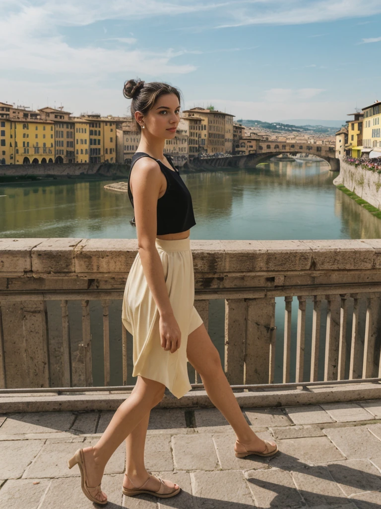 her name is Amelie, high quality, 1girl, ((20-year-old fit Caucasian woman)), ((20 years old)), ((fit)), ((Half-Up Bun dark hair)), pose: Generation-Z poses, wearing stylish fashionable Generation-Z modern wear colored, BACKGROUND:"At the Piazzale Michelangelo, with panoramic views of Florence's skyline, the Arno River, and the Ponte Vecchio."