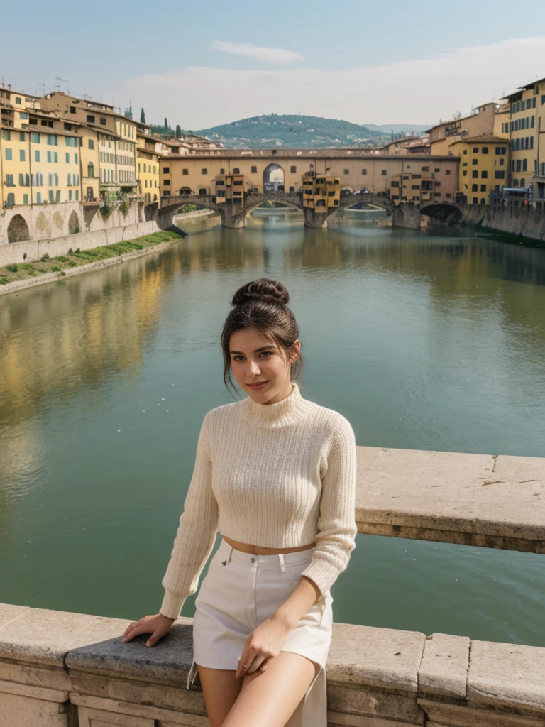 her name is Amelie, high quality, 1girl, ((20-year-old fit Caucasian woman)), ((20 years old)), ((fit)), ((Half-Up Bun dark hair)), pose: Generation-Z poses, wearing stylish fashionable Generation-Z modern wear colored, BACKGROUND:"At the Piazzale Michelangelo, with panoramic views of Florence's skyline, the Arno River, and the Ponte Vecchio."