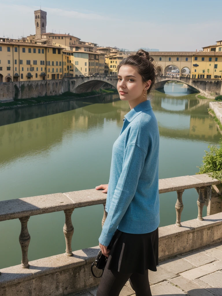 her name is Amelie, high quality, 1girl, ((20-year-old fit Caucasian woman)), ((20 years old)), ((fit)), ((Half-Up Bun dark hair)), pose: Generation-Z poses, wearing stylish fashionable Generation-Z modern wear colored, BACKGROUND:"At the Piazzale Michelangelo, with panoramic views of Florence's skyline, the Arno River, and the Ponte Vecchio."