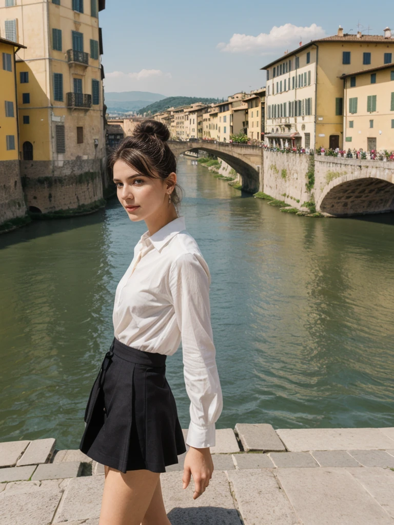 her name is Amelie, high quality, 1girl, ((20-year-old fit Caucasian woman)), ((20 years old)), ((fit)), ((Half-Up Bun dark hair)), pose: Generation-Z poses, wearing stylish fashionable Generation-Z modern wear colored, BACKGROUND:"At the Piazzale Michelangelo, with panoramic views of Florence's skyline, the Arno River, and the Ponte Vecchio."