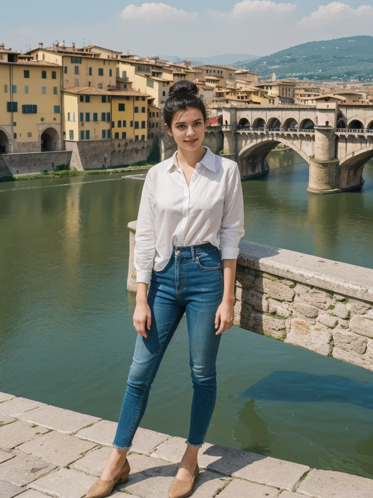 her name is Amelie, high quality, 1girl, ((20-year-old fit Caucasian woman)), ((20 years old)), ((fit)), ((Half-Up Bun dark hair)), pose: Generation-Z poses, wearing stylish fashionable Generation-Z modern wear colored, BACKGROUND:"At the Piazzale Michelangelo, with panoramic views of Florence's skyline, the Arno River, and the Ponte Vecchio."