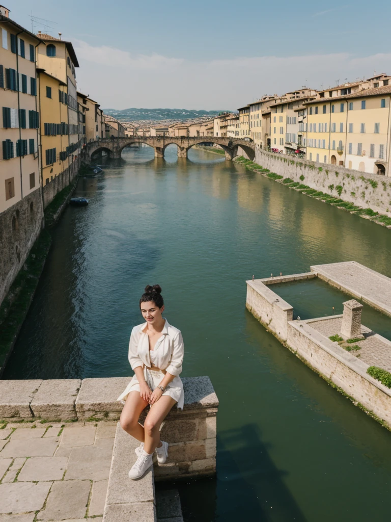 her name is Amelie, high quality, 1girl, ((20-year-old fit Caucasian woman)), ((20 years old)), ((fit)), ((Half-Up Bun dark hair)), pose: Generation-Z poses, wearing stylish fashionable Generation-Z modern wear colored, BACKGROUND:"At the Piazzale Michelangelo, with panoramic views of Florence's skyline, the Arno River, and the Ponte Vecchio."
