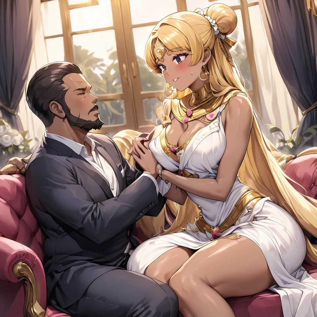 ((Highest quality)), ((masterpiece)), (detailed), (Perfect Face)、The woman is a Muslim Egyptian named Tsukino Usagi with vivid brown skin, and is wearing a luxurious and glittering galabeya, a gorgeous hijab, gorgeous jeweled accessories and an engagement ring in a luxurious Egyptian mansion. The woman and the man are sitting on a luxurious and large sofa in the luxurious room, and the woman is passionately embracing and passionately deep kissing the dignified and bearded middle-aged man wearing Egyptian traditional clothing, making passionate love as a married couple.、The woman is the elegant Tsukino Usagi, with long blonde hair in a chignon twin tail, wearing a gorgeous and glittering galabeya and a gorgeous hijab, a bright brown-skinned Muslim Egyptian.、(The woman is the dark-skinned Egyptian Tsukino Usagi.)、The man is a dignified, muscular, bearded, middle-aged Egyptian Muslim man wearing a galabeya
