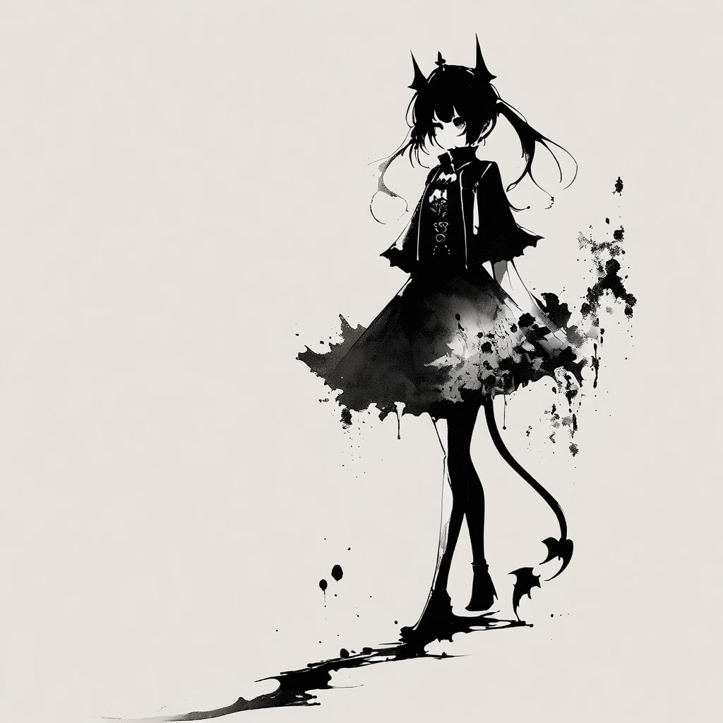 Double tail，Gothic，Minimalism，Black and white painting，Lineism，Lots of white space，Ink Painting