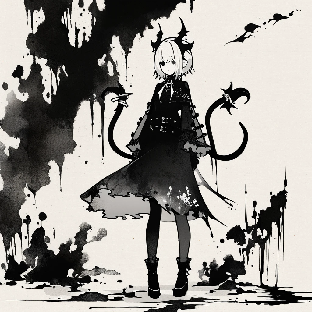 Double tail，Gothic，Minimalism，Black and white painting，Lineism，Lots of white space，Ink Painting