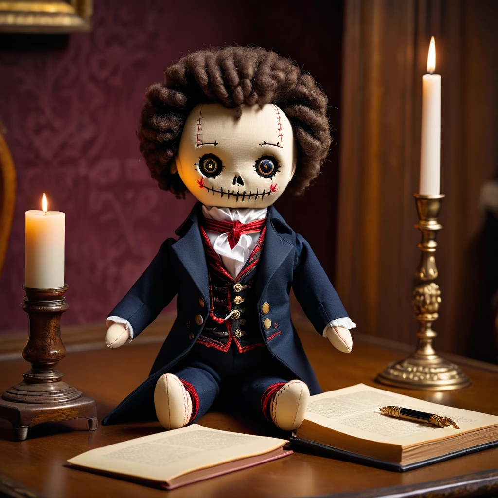 (knitted toy voodoo doll:1.7), (voodoo doll resembling Alexander Pushkin:1.4), (Clothing: 19th-century Russian attire with a high-collared coat and cravat:1.0), (Accessories: quill pen, small book:1.1), (background: classic Russian study with ornate furniture and a writing desk:1.2), best quality, masterpiece, detailed soft oil painting, detailed background, dramatic cinematic lighting, soft edge lighting, professional, dramatic lighting, hard edge lighting, ultra quality, 4k,masterpiece, best quality, 8k, ultra highres, highres, extremely detailed