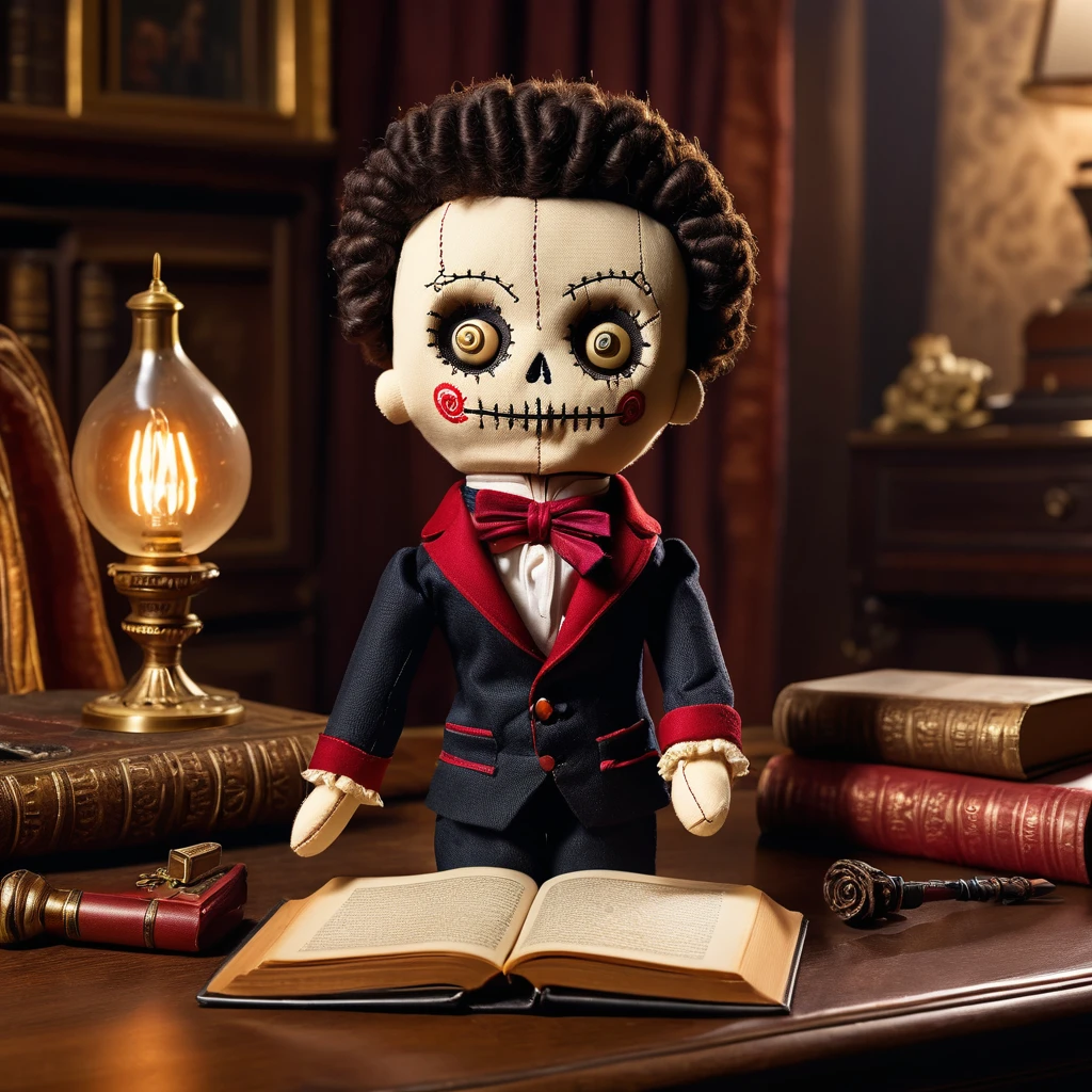 (knitted toy voodoo doll:1.7), (voodoo doll resembling Alexander Pushkin:1.4), (Clothing: 19th-century Russian attire with a high-collared coat and cravat:1.0), (Accessories: quill pen, small book:1.1), (background: classic Russian study with ornate furniture and a writing desk:1.2), best quality, masterpiece, detailed soft oil painting, detailed background, dramatic cinematic lighting, soft edge lighting, professional, dramatic lighting, hard edge lighting, ultra quality, 4k,masterpiece, best quality, 8k, ultra highres, highres, extremely detailed