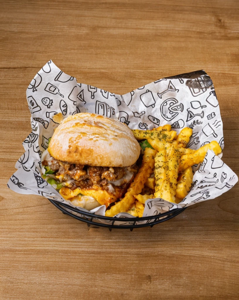 (very sharp result) (((textile shading))), (((Best Quality))), hyper realistic detailed food photography, (texture detailed exposed) ultra high definition (masterpiece 1.2) (food porn) a neat presentation of a tasty & delicious burger with french fries jagged form presented on a platter, cute food motif napkins as base, dramatic environtment, clean white table base & artsy cinematic shadow & light.