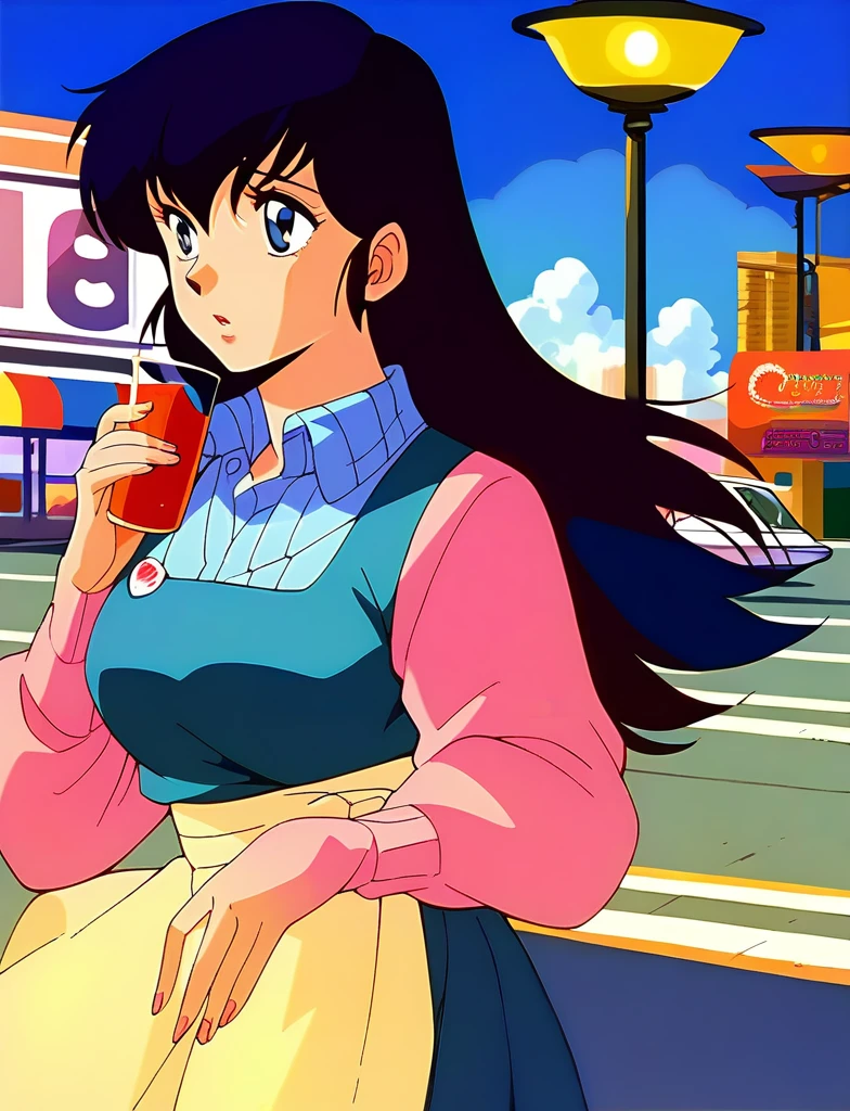 Kyoko,score_9,score_8_superior,score_7_superior,sauce_anime,One girl,alone,View your viewers,city,Streetscape of the 1980s,asphalt paved,paved,lamp post,force_line,Orange sky,evening,Pink Sweater,White collared shirt,length_skirt,blue skirt,kneel、Ecstatic expression、A lot