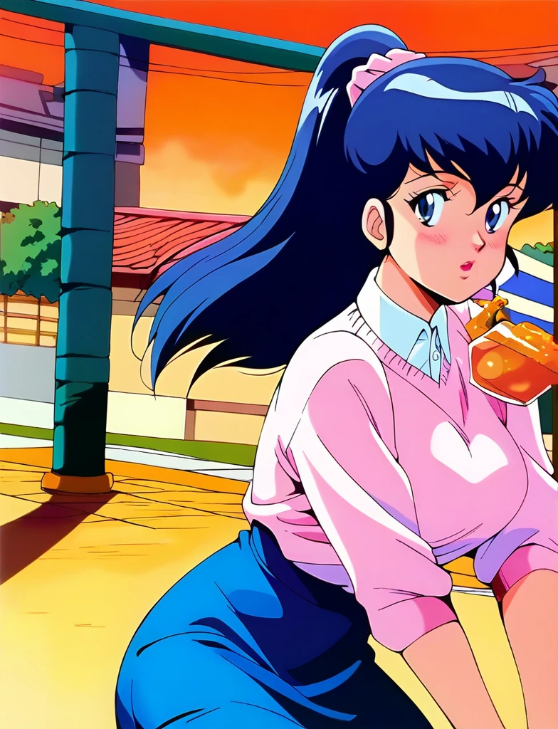 Kyoko,score_9,score_8_superior,score_7_superior,sauce_anime,One girl,alone,View your viewers,city,Streetscape of the 1980s,asphalt paved,paved,lamp post,force_line,Orange sky,evening,Pink Sweater,White collared shirt,length_skirt,blue skirt,kneel、Ecstatic expression、A lot