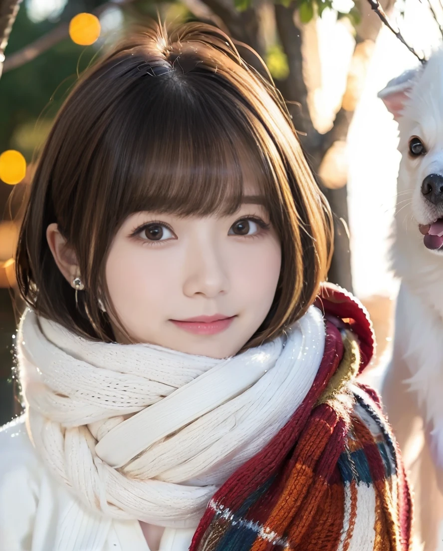 Being with a dog、A girl and a dog warming themselves by a bonfire、Lens flare、Hair blowing in the wind、Medium Short Hair、Fluffy scarf in warm colors、Expressing the whiteness of one&#39;s breath、Photo from the waist up、Night city illumination shot、Cowgirl Shot、Fur coat、豪華なグレーのミンクのFur coat、Wear fine leather boots、Luxury Bags、Inner turtleneck、Silver necklace and small silver earrings Millionaire style:1.4））、Full body photo、smile、 Caustics、Highly detailed photos、Very beautiful woman 、Ample breasts、No makeup、(8K、RAW Photos、Highest quality、masterpiece:1.2)、(Realistic、Realistic)、1 Girl、((Medium Short Hair、Midwinter、Cold region Snow falling、The wind is blowing、Fluttering Hair、Blur the background、Colorful illuminations、Looking into the camera:1.4))、
