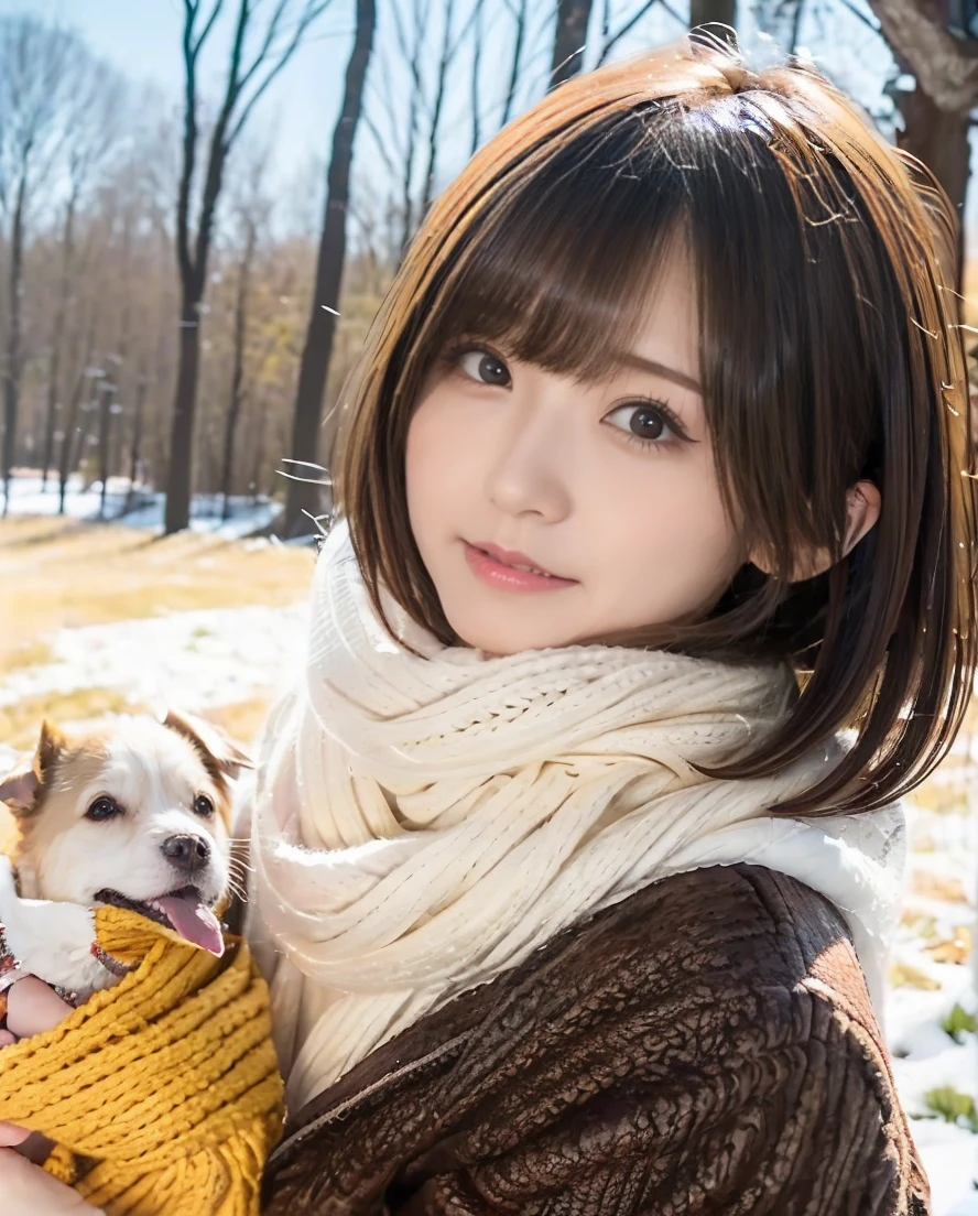 Being with a dog、A girl and a dog warming themselves by a bonfire、Lens flare、Hair blowing in the wind、Medium Short Hair、Fluffy scarf in warm colors、Expressing the whiteness of one&#39;s breath、Photo from the waist up、Night city illumination shot、Cowgirl Shot、Fur coat、豪華なグレーのミンクのFur coat、Wear fine leather boots、Luxury Bags、Inner turtleneck、Silver necklace and small silver earrings Millionaire style:1.4））、Full body photo、smile、 Caustics、Highly detailed photos、Very beautiful woman 、Ample breasts、No makeup、(8K、RAW Photos、Highest quality、masterpiece:1.2)、(Realistic、Realistic)、1 Girl、((Medium Short Hair、Midwinter、Cold region Snow falling、The wind is blowing、Fluttering Hair、Blur the background、Colorful illuminations、Looking into the camera:1.4))、
