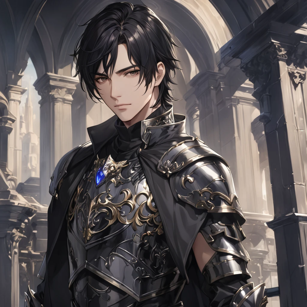 masterpiece, best quality, 1man, adult, male focus, solo, medium hair, black hair,, looking at viewer, cape, High quality metal texture, overcoat, closed mouth, upper body, bangs, high collar,(kbxll:0.6), Fantasy aesthetics, Highly detailed, shadowverse style, armored gloves, metallic gloves, black armor