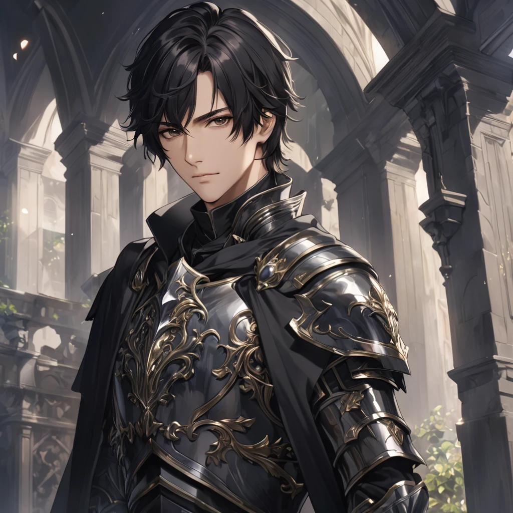 masterpiece, best quality, 1man, adult, male focus, solo, medium hair, black hair,, looking at viewer, cape, High quality metal texture, overcoat, closed mouth, upper body, bangs, high collar,(kbxll:0.6), Fantasy aesthetics, Highly detailed, shadowverse style, armored gloves, metallic gloves, black armor